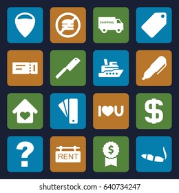 Label icons set. set of 16 label filled icons such as ticket, tag, cigarette, i love you, love home, rent tag, butcher knife, dollar, pen, shipping truck, ship, location