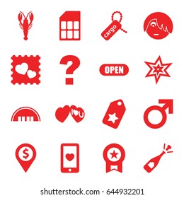 Label icons set. set of 16 label filled icons such as crab, barn, male, explosion, emo emot, opened champagne, cargo tag, heart mobile, photo with heart, i love you, open