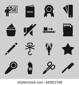 Label icons set. set of 16 label filled icons such as crab, tag, manicure scissors, star, pen, water bottle, muffin, no cargo warning, luggage scan, no sound, memory card