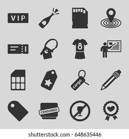 Label icons set. set of 16 label filled icons such as vip, ticket, map location, opened champagne, cargo tag, heart ribbon, pen, censored, memory card, home key tag