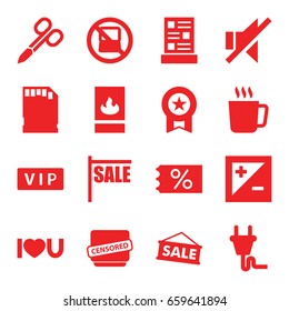 Label icons set. set of 16 label filled icons such as mug, no laptop, vip, manicure scissors, i love you, censored, no sound, memory card, light exposure, menu, plug