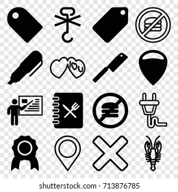 Label icons set. set of 16 label filled and outline icons such as tag, no cargo warning, menu, butcher knife, teacher, pen, crab, i love you, plug, map location, cross