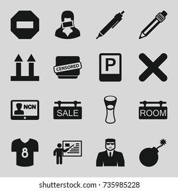 Label icons set. set of 16 label filled icons such as security guy, explosion, pen, milk glass, cargo arrow up, censored woman, censored, cross, sale tag, room tag, parking