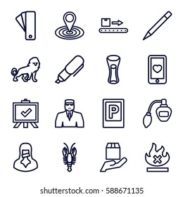 label icons set. Set of 16 label outline icons such as parking, lion, crab, tag, perfume, security guy, board, map location, pen, milk glass, no fire, luggage scan