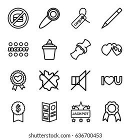 Label icons set. set of 16 label outline icons such as jackpot, no wash, pen, ice cream in can, bone, cargo tag, heart ribbon, i love you, no sound, ribbon, menu, door knob