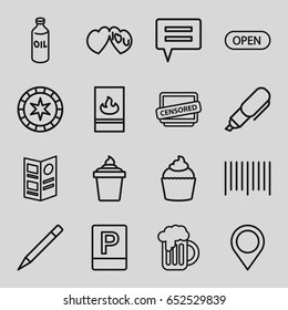 Label icons set. set of 16 label outline icons such as oil, pen, ice cream in can, muffin, bar code, i love you, censored, beer mug, parking, menu, open, fire protection