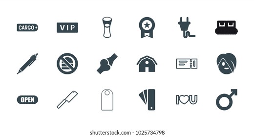Label icons. set of 18 editable filled and outline label icons: vip, barn, tag, pen, medal, milk glass, open, plug, ticket, i love you, butcher knife, male, no fast food