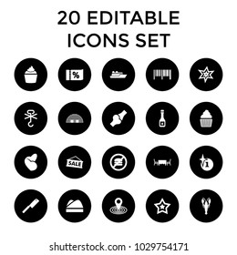 Label icons. set of 20 editable filled label icons such as crab, explosion, map location, barcode, muffin, no fast food. best quality label elements in trendy style.
