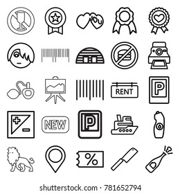 Label icons. set of 25 editable outline label icons such as parking, ticket on sale, medal, emo emot, opened champagne, ship, water bottle, no fast food, bar code