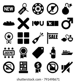 Label icons. set of 25 editable filled label icons such as oil, no laptop, male, tag, sale, opened champagne, casino chip, no drink, cargo tag, i love you, no sound, cross