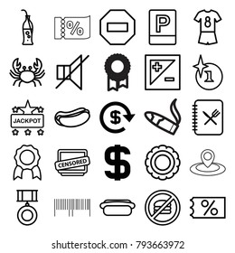 Label icons. set of 25 editable outline label icons such as dollar, crab, explosion, jackpot, ticket on sale, medal, hot dog, no fast food, award, censored, no sound, minus