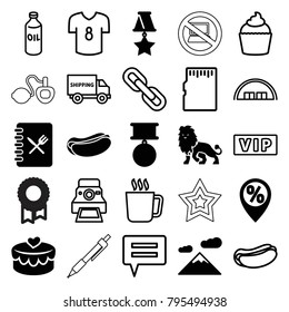 Label icons. set of 25 editable filled and outline label icons such as mountain, hot dog, heart lock, menu, medal, oil, mug, vip, barn, muffin, shipping truck, chat