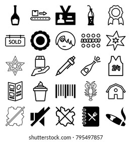 Label icons. set of 25 editable filled and outline label icons such as bar code, award, no sound, badge, soda bottle, menu, barn, explosion, jackpot, no wash, pen, medal
