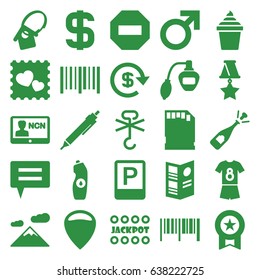 Label icons set. set of 25 label filled icons such as male, perfume, jackpot, pen, opened champagne, ice cream in can, water bottle, no cargo warning, bar code