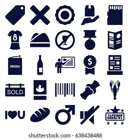 Label icons set. set of 25 label filled icons such as bread, crab, male, tag, jackpot, bone, bar code, cargo protection, i love you, no sound, sold tag, chef hat, menu