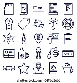 Label icons set. set of 25 label outline icons such as parking, no laptop, perfume, tag, coffee, star, security guy, explosion, milk glass, no cargo warning, luggage scan