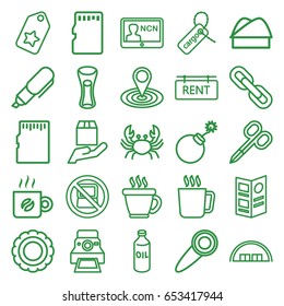 Label icons set. set of 25 label outline icons such as mug, no laptop, crab, oil, barn, manicure scissors, coffee, explosion, map location, milk glass, cargo tag