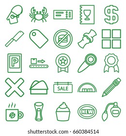 Label icons set. set of 25 label outline icons such as parking, ticket, crab, barn, perfume, milk glass, muffin, bone, luggage scan, pen, sale tag, home key tag, chef hat