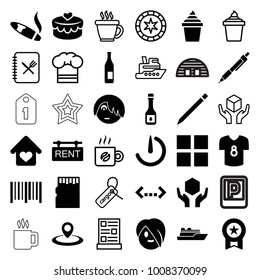 Label icons. set of 36 editable filled and outline label icons such as cube, medal, emo emot, bottle, ice cream in can, handle with care, bar code, heart lock, quotation