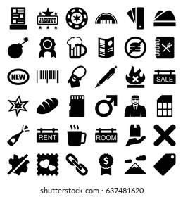 Label icons set. set of 36 label filled icons such as bread, mug, barn, tag, male, security guy, explosion, jackpot, no wash, pen, opened champagne, no fire, cargo protection