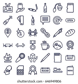 Label icons set. set of 36 label outline icons such as crab, bread, tag, perfume, coffee, explosion, cigarette, pen, handle with care, no fire, luggage scan, cargo protection