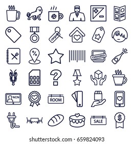 Label icons set. set of 36 label outline icons such as mug, lion, crab, bread, tag, coffee, star, security guy, cargo tag, handle with care, bar code, cargo protection