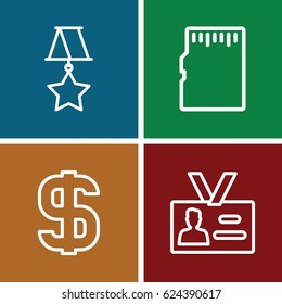 Label icons set. set of 4 label outline icons such as badge, dollar, memory card