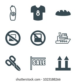 Label icons. set of 9 editable filled and outline label icons such as no laptop, cargo arrow up, football t shirt, sale, ship, water bottle, bread