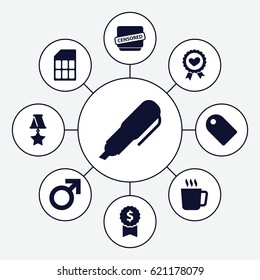 Label icons set. set of 9 label filled icons such as mug, male, heart ribbon, censored, pen, memory card, medal, tag