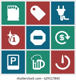 Label icons set. set of 9 label filled icons such as explosion, beer mug, memory card, stopwatch camera, parking, plug, dollar, tag