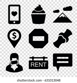 Label icons set. set of 9 label filled icons such as muffin, bone, heart mobile, censored woman, rent tag, dollar location, mountain, minus