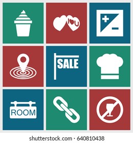 Label icons set. set of 9 label filled icons such as map location, ice cream in can, i love you, light exposure, room tag, chef hat, chain, sale