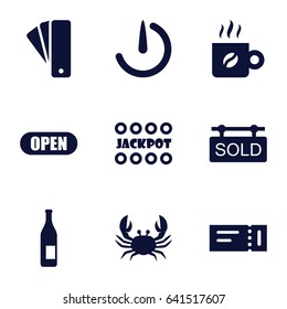 Label icons set. set of 9 label filled icons such as crab, ticket, tag, jackpot, stopwatch camera, sold tag, coffee, open