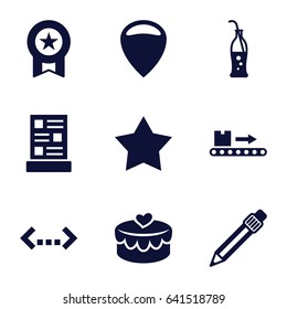 Label icons set. set of 9 label filled icons such as star, luggage scan, heart lock, pen, soda bottle, menu, location, medal