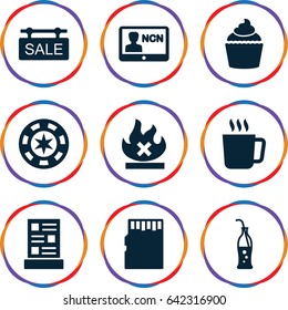 Label icons set. set of 9 label filled icons such as mug, muffin, no fire, soda bottle, sale tag, menu, badge, memory card