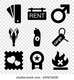 Label icons set. set of 9 label filled icons such as crab, tag, male, water bottle, cargo tag, no fire, photo with heart, rent tag
