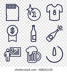 Label icons set. set of 9 label outline icons such as explosion, beer mug, memory card, stopwatch camera, teacher, football t shirt, opened champagne, dollar award