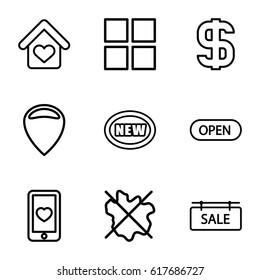 Label icons set. set of 9 label outline icons such as no wash, heart mobile, love home, sale tag, open, dollar, new, cube