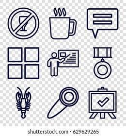 Label icons set. set of 9 label outline icons such as mug, crab, board, door knob, teacher, medal, cube, chat