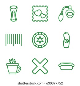 Label icons set. set of 9 label outline icons such as perfume, coffee, water bottle, milk glass, bar code, photo with heart, hot dog, cross