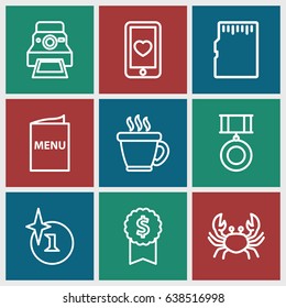 Label icons set. set of 9 label outline icons such as crab, coffee, explosion, heart mobile, camera printing photo, menu, memory card, medal