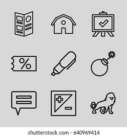 Label icons set. set of 9 label outline icons such as lion, barn, explosion, board, light exposure, menu, pen, ticket on sale