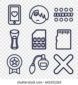 Label icons set. set of 9 label outline icons such as perfume, jackpot, milk glass, heart mobile, cross, memory card, emo emot