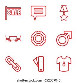 Label icons set. set of 9 label outline icons such as tag, male, restaurant table, chain, medal, football t shirt, sale, chat