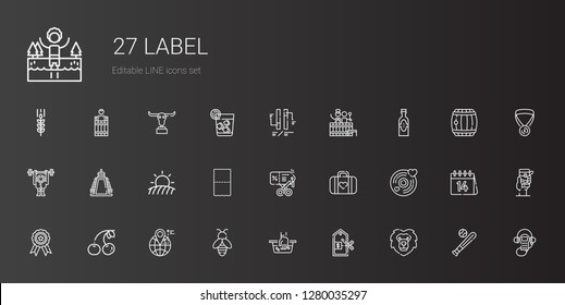 label icons set. Collection of label with lion, price, hand wash, bee, location, cherry, badge, vinyl, luggage, discount, toilet paper, field. Editable and scalable label icons.