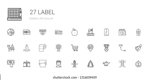 label icons set. Collection of label with magic lamp, weight, lighthouse, muse, toilet paper, milk jar, mobile shopping, medal, place, trolley. Editable and scalable label icons.