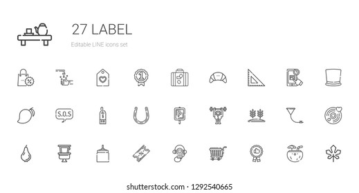 label icons set. Collection of label with recommended, trolley, audio guide, ticket, oat, toilet, pear, wheat, monkey, parking, horseshoe, supermarket. Editable and scalable label icons.