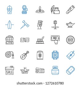 label icons set. Collection of label with ticket, chinese ink, plane ticket, hand wash, sale, price tag, heliport, wheat, guitar, hose, bottle cap. Editable and scalable label icons.
