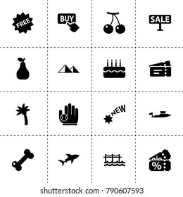 Label icons. vector collection filled label icons. includes symbols such as cherry, pear, cake, buy button, sale, new, free, sale ticket. use for web, mobile and ui design.