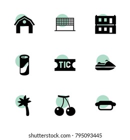 Label icons. vector collection filled label icons set.. includes symbols such as cherry, hangar, cleaning powder, modular house, hot dog. use for web, mobile and ui design.